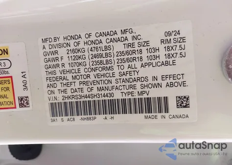2025 Honda Cr-V Ex 2Wd from USA, damaged, VIN 2HKRS3H44SH314430